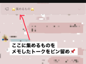 祖父母とのグループLINEのトーク画面「集めるもの」のトークをピン留めしています。